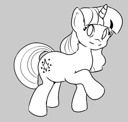 Size: 3583x3415 | Tagged: safe, artist:pencilfriend, twilight sparkle, pony, unicorn, g4, black and white, cutie mark, female, gray background, grayscale, high res, horn, looking at you, mare, monochrome, raised hoof, simple background, smiling, solo, unicorn twilight