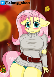 Size: 2894x4093 | Tagged: safe, artist:panda-man90, fluttershy, pegasus, anthro, g4, autumn, belt, big breasts, blushing, breasts, busty fluttershy, clothes, digital art, female, floppy ears, flutterthighs, leaf, looking at you, shorts, solo, sweater, sweatershy, tail, tree
