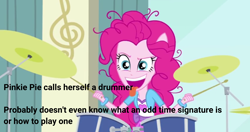 Size: 1908x1005 | Tagged: safe, edit, edited screencap, screencap, pinkie pie, equestria girls, g4, my little pony equestria girls: rainbow rocks, pinkie on the one, cymbals, drums, drumsticks, female, hi-hat, musical instrument, ponied up, solo