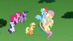 Size: 1920x1080 | Tagged: safe, screencap, applejack, fluttershy, pinkie pie, rainbow dash, rarity, twilight sparkle, alicorn, earth pony, pegasus, pony, unicorn, g4, the ending of the end, female, floppy ears, holding a pony, mane six, mare, twilight sparkle (alicorn)