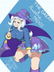 Size: 3024x4032 | Tagged: safe, artist:darkdoubloon, trixie, equestria girls, g4, big breasts, blushing, breasts, busty trixie, cape, clothes, female, grin, human coloration, looking at you, smiling