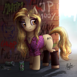 Size: 1299x1299 | Tagged: safe, artist:magfen, oc, oc only, oc:sweet amber, earth pony, pony, can, cigarette, clothes, ear piercing, earring, female, graffiti, jewelry, mare, necklace, piercing, shirt, solo