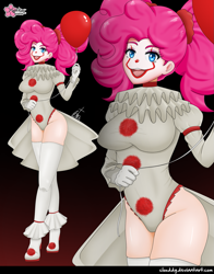Size: 1093x1391 | Tagged: safe, alternate version, artist:clouddg, pinkie pie, human, g4, balloon, breasts, clothes, cosplay, costume, female, human coloration, humanized, it, looking at you, makeup, multiple variants, open mouth, pennywise, pinkiewise, shoes, solo, stockings, thigh highs
