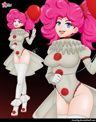 Size: 1093x1391 | Tagged: safe, alternate version, artist:clouddg, pinkie pie, human, g4, alternate hairstyle, balloon, belly button, breasts, clothes, cosplay, costume, crossover, female, human coloration, humanized, it, looking at you, multiple variants, open mouth, pennywise, pigtails, pinkiewise, solo