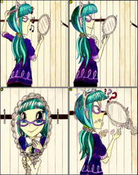 Size: 1220x1541 | Tagged: safe, artist:meiyeezhu, juniper montage, human, equestria girls, equestria girls specials, g4, mirror magic, anime, cat ears, clothes, coat, comb, comic, disembodied hand, dressing room, glasses, halloween, hand, headband, holding, holiday, humanized, mirror, music notes, necktie, old master q, pigtails, question mark, reference, scared, scary, singing, solo, twintails