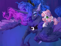 Size: 1343x1000 | Tagged: dead source, safe, artist:makkah, princess luna, sweetie belle, alicorn, pony, unicorn, g4, chest fluff, cute, diasweetes, duo, ear fluff, female, filly, fluffy, gradient background, mare, open mouth, smiling, unshorn fetlocks