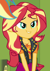 Size: 736x1043 | Tagged: safe, screencap, rainbow dash, sunset shimmer, equestria girls, equestria girls series, g4, holidays unwrapped, o come all ye squashful, spoiler:eqg series (season 2), canterlot high, cropped, cute, female, geode of empathy, hallway, lip bite, lockers, magical geodes, offscreen character, shimmerbetes, smiling
