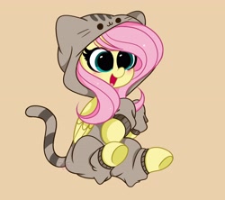 Size: 4096x3634 | Tagged: safe, artist:kittyrosie, fluttershy, pegasus, pony, g4, blushing, clothes, costume, cute, digital art, female, folded wings, hooves to the chest, kigurumi, mare, onesie, open mouth, pusheen, shyabetes, simple background, sitting, smiling, solo, three quarter view, wings