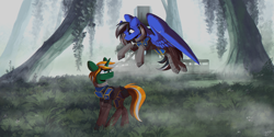 Size: 3000x1497 | Tagged: safe, artist:hagalazka, oc, oc only, oc:driftor, pegasus, pony, unicorn, armor, armored pony, building, chestplate, commission, field, flying, fog, foliage, glasses, horn, hossin, looking at each other, looking down, looking up, new conglomerate, outdoors, pegasus oc, planetside, planetside 2, smiling, swamp, tree, unicorn oc, video game, vine, wings