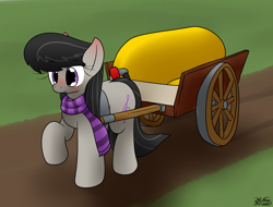 Size: 2450x1858 | Tagged: safe, artist:the-furry-railfan, octavia melody, earth pony, pony, fanfic:a prim party planner's puffy predicament, g4, blushing, cart, clothes, dirt road, fanfic art, female, helium tank, pulling, scarf, solo, story included, striped scarf, this will end in balloons