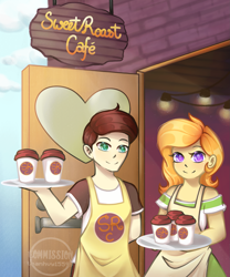 Size: 1681x2025 | Tagged: safe, artist:helithusvy, oc, oc:fine roast, oc:sweet leaf, human, fanfic:unchanging love, apron, clothes, coffee, coffee cup, coffee shop, commission, cup, fanart, fanfic art, female, humanized, humanized oc, male, sign