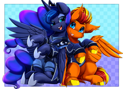 Size: 3509x2550 | Tagged: safe, artist:pridark, princess luna, oc, oc:fireheart(fire), alicorn, pegasus, pony, g4, commission, crown, duo, female, high res, hoof shoes, jewelry, male, open mouth, pegasus oc, regalia, wings