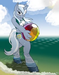 Size: 1010x1280 | Tagged: safe, artist:catmonkshiro, oc, oc only, oc:kokus, unicorn, anthro, unguligrade anthro, beach, beach ball, bedroom eyes, blushing, clothes, commission, cutie mark, digital art, female, holding, horn, looking at you, ocean, sand, seaside, sky, solo, swimsuit, tail, walking