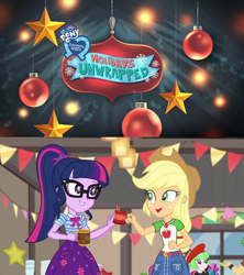 Size: 950x1069 | Tagged: safe, screencap, applejack, sci-twi, twilight sparkle, equestria girls, equestria girls specials, g4, my little pony equestria girls: better together, my little pony equestria girls: holidays unwrapped, the cider louse fools, applejack's hat, bowtie, christmas, christmas lights, christmas tree, clothes, coffee, cowboy hat, denim skirt, female, geode of super strength, geode of telekinesis, glasses, hat, holiday, magical geodes, my little pony logo, ponytail, skirt, stars, tree