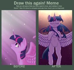 Size: 784x744 | Tagged: safe, artist:soulfulmirror, twilight sparkle, alicorn, pony, mlp fim's tenth anniversary, g4, comparison, draw this again, female, happy birthday mlp:fim, horn, redraw, twilight sparkle (alicorn), wings