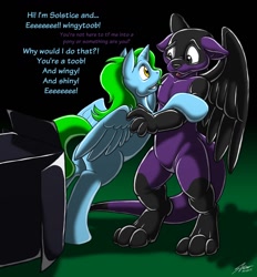 Size: 1186x1280 | Tagged: safe, artist:catmonkshiro, oc, oc only, oc:solstice, oc:static, alicorn, original species, pony, rubber pony, alicorn oc, commission, dialogue, digital art, duo, furry, furry oc, horn, looking at each other, non-mlp oc, oc x oc, rubber, shipping, smiling, spread wings, tail, text, wings
