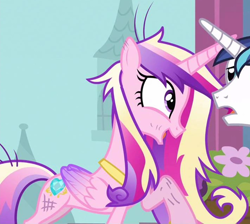 Size: 1258x1125 | Tagged: safe, screencap, princess cadance, shining armor, alicorn, pony, a canterlot wedding, g4, season 2, cropped, cute, cutedance, dirty, female, folded wings, mare, messy mane, open mouth, raised hoof, scratches, solo focus, wings