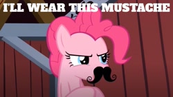 Size: 1920x1080 | Tagged: safe, edit, edited screencap, screencap, pinkie pie, earth pony, pony, g4, spike at your service, fake moustache, quote, solo