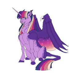 Size: 1280x1226 | Tagged: safe, artist:anelaponela, twilight sparkle, alicorn, bat pony, bat pony alicorn, pony, g4, bat wings, colored wings, ear fluff, fangs, horn, hybrid wings, leonine tail, multicolored wings, redesign, simple background, slit pupils, smiling, starry wings, teeth, transparent background, travelersverse, twilight sparkle (alicorn), wings