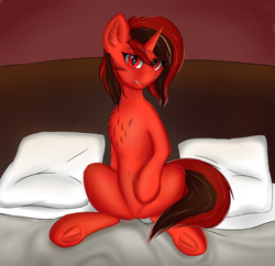 Size: 2812x2724 | Tagged: safe, alternate version, artist:flapstune, oc, oc only, oc:flaps tune, pony, unicorn, vampire, bed, bedroom eyes, belly button, cat eyes, chest fluff, fangs, featureless crotch, female, frog (hoof), high res, looking at you, mare, sitting, slit pupils, solo, spread legs, spreading, underhoof