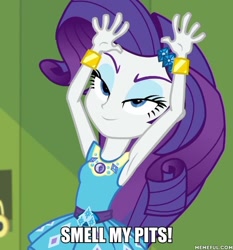 Size: 600x644 | Tagged: safe, edit, edited screencap, screencap, rarity, equestria girls, equestria girls series, g4, holidays unwrapped, o come all ye squashful, spoiler:eqg series (season 2), armpits, arms in the air, caption, geode of shielding, hands in the air, image macro, magical geodes, memeful.com, rarity peplum dress, text