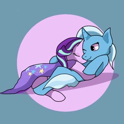Size: 768x768 | Tagged: safe, artist:thegoldenwolf203, starlight glimmer, trixie, pony, unicorn, g4, abstract background, cuddling, female, lesbian, mare, ship:startrix, shipping