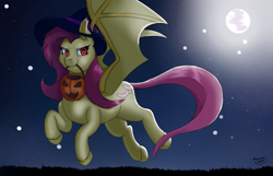 Size: 3500x2250 | Tagged: safe, artist:usattesa, fluttershy, bat pony, pony, g4, bat ponified, bat wings, female, flutterbat, halloween, hat, high res, holiday, mare, moon, night, pumpkin bucket, race swap, solo, wings, witch hat