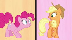 Size: 1280x720 | Tagged: safe, screencap, applejack, pinkie pie, earth pony, pony, fame and misfortune, g4, duo, female, flawless, looking at each other, mare