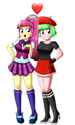 Size: 1017x1680 | Tagged: safe, artist:the-butch-x, edit, sour sweet, watermelody, equestria girls, g4, background human, beret, bowtie, clothes, crystal prep academy uniform, duo, female, freckles, hat, heart, lesbian, pleated skirt, ponytail, school uniform, shipping, simple background, skirt, sourmelody, transparent background