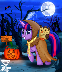 Size: 2990x3488 | Tagged: safe, artist:theretroart88, owlowiscious, twilight sparkle, bat, bird, owl, pony, unicorn, g4, halloween, high res, holiday, jack-o-lantern, looking at you, mare in the moon, moon, pumpkin, smiling, smiling at you, spider web, unicorn twilight