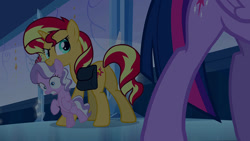 Size: 960x540 | Tagged: safe, edit, edited screencap, screencap, diamond tiara, sunset shimmer, twilight sparkle, alicorn, earth pony, pony, unicorn, equestria girls, g4, my little pony equestria girls, bag, butt, female, filly, holding a pony, mare, mouth hold, plot, saddle bag, twilight sparkle (alicorn)