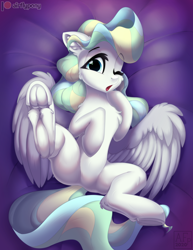 Size: 2698x3500 | Tagged: safe, artist:airfly-pony, vapor trail, pegasus, pony, g4, adorasexy, bed, belly, cute, featureless crotch, female, fluffy, frog (hoof), high res, hooves, legs, looking at you, mare, multiple variants, night, one eye closed, open mouth, patreon, patreon exclusive, patreon logo, sexy, shy, solo, spread legs, spreading, underhoof, vaporbetes, wings