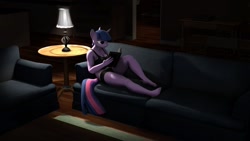 Size: 1024x576 | Tagged: safe, artist:litterpaws, twilight sparkle, anthro, plantigrade anthro, g4, 3d, barefoot, breasts, clothes, couch, feet, lying down, reading, solo, source filmmaker