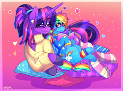 Size: 1821x1344 | Tagged: safe, artist:aaa-its-spook, rainbow dash, twilight sparkle, alicorn, pegasus, pony, g4, accessory, alternate hairstyle, book, clothes, duo, female, lesbian, lying down, pillow, ship:twidash, shipping, size difference, socks, sweater, twilight sparkle (alicorn)