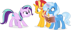 Size: 7586x3271 | Tagged: safe, artist:inaactive, starlight glimmer, sunset shimmer, trixie, pony, unicorn, g4, absurd resolution, book, magic, magical trio, palette swap, recolor, simple background, transparent background, trio