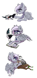 Size: 700x1476 | Tagged: safe, artist:celestial-rainstorm, oc, oc only, oc:ophelia, bird, pegasus, pony, book, female, mare, offspring, parent:double diamond, parent:night glider, parents:nightdiamond, simple background, solo, white background