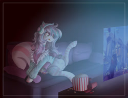 Size: 2327x1781 | Tagged: dead source, safe, artist:naezithania, oc, oc only, pony, clothes, female, food, headphones, mare, popcorn, socks, solo