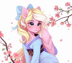 Size: 2000x1751 | Tagged: safe, artist:purrshen, oc, oc only, oc:bay breeze, pegasus, pony, beautiful, blushing, bow, cherry blossoms, clothes, cottagecore, cute, female, flower, flower blossom, hair bow, kimono (clothing), looking up, mare, simple background, white background
