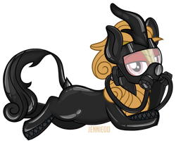 Size: 1280x1037 | Tagged: safe, artist:jennieoo, oc, oc only, oc:kagutsuchi, kirin, g4, cute, gas mask, latex, latex suit, lying down, male, mask, prone, sexy, show accurate, simple background, solo, stallion, transparent background