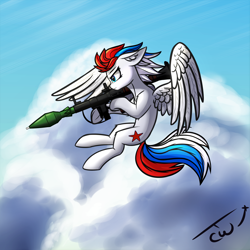 Size: 3000x3000 | Tagged: safe, artist:colourwave, oc, oc only, oc:marussia, pegasus, pony, aiming, angry, cloud, female, flying, frog (hoof), high res, mare, nation ponies, pegasus oc, ponified, rpg-7, russia, solo, spread wings, underhoof, weapon, whoosh, wings
