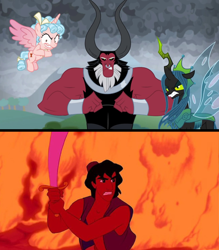 Size: 2912x3328 | Tagged: safe, edit, edited screencap, screencap, cozy glow, lord tirek, queen chrysalis, alicorn, centaur, changeling, changeling queen, human, pony, g4, the ending of the end, aladdin, alicornified, bow, comparison, cozycorn, crossover, disney, female, high res, male, race swap, tail bow, ultimate chrysalis