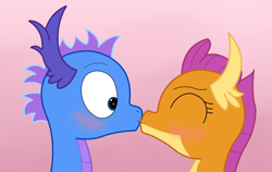Size: 4032x2542 | Tagged: safe, artist:rainbowšpekgs, smolder, oc, oc:steel the dragon, dragon, g4, canon x oc, commission, dragon oc, duo, female, kiss on the lips, kissing, lovers, male, request, simple background, straight