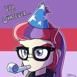 Size: 2000x2000 | Tagged: safe, artist:thealjavis, moondancer, human, equestria girls, g4, glare, glasses, hat, high res, humanized, moondancer is not amused, noisemaker, party hat, simple background, solo, text, whatever