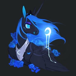 Size: 2500x2500 | Tagged: safe, artist:estrellawu, artist:tiffna0310, nightmare moon, alicorn, pony, g4, black background, blue rose, blue tongue, crescent moon, crown, female, flower, high res, jewelry, mare, moon, regalia, rose, simple background, solo, tongue out