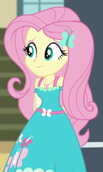 Size: 334x560 | Tagged: safe, screencap, fluttershy, equestria girls, equestria girls series, fluttershy's butterflies, g4, arm behind back, clothes, cropped, cute, dress, fluttershy's butterflies: applejack, geode of fauna, hairpin, magical geodes, shyabetes, smiling, solo