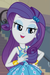 Size: 471x702 | Tagged: safe, screencap, rarity, human, equestria girls, fluttershy's butterflies, g4, my little pony equestria girls: better together, bracelet, cropped, cute, eyebrows, eyeshadow, geode of shielding, hairpin, hand on hip, jewelry, lidded eyes, magical geodes, makeup, open mouth, open smile, raribetes, rarity peplum dress, smiling, solo, talking