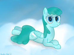 Size: 4032x3016 | Tagged: safe, artist:rainbowšpekgs, spring melody, sprinkle medley, pegasus, pony, g4, cloud, female, looking at you, lying, lying down, lying on a cloud, on a cloud, prone, sky, smiling, solo, wings