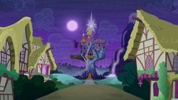 Size: 1280x720 | Tagged: safe, screencap, g4, to where and back again, night, no pony, ponyville, scenic ponyville, twilight's castle