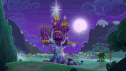 Size: 1280x720 | Tagged: safe, screencap, g4, to where and back again, background, moon, night, no pony, ponyville, ponyville town hall, scenic ponyville, trixie's wagon, twilight's castle