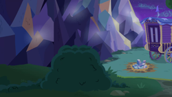 Size: 1280x720 | Tagged: safe, screencap, g4, my little pony: friendship is magic, to where and back again, background, night, ponyville, scenic ponyville, trixie's wagon, twilight's castle